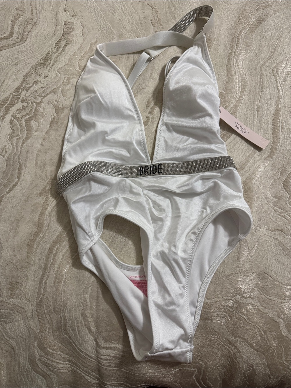 Victoria's Secret White One-Piece 'BRIDE' Swimsuit with Rhinestone Band